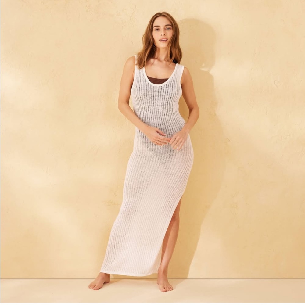 Shade & Shore Cream Open-Weave Knit Tank Dress